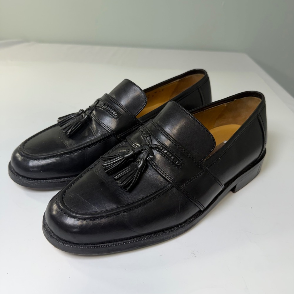Johnston & Murphy Mens Black Leather Tassel Loafers Handcrafted Dress Shoes 8 W